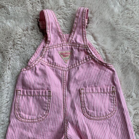 OshKosh B’gosh Vintage Pink‎ Pinstripe Butterfly Baby Girl Vestbak Overalls Bibs - Picture 6 of 8